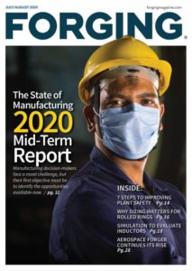 Cover of Forging magazine showing a man with mouth protection and a helmet